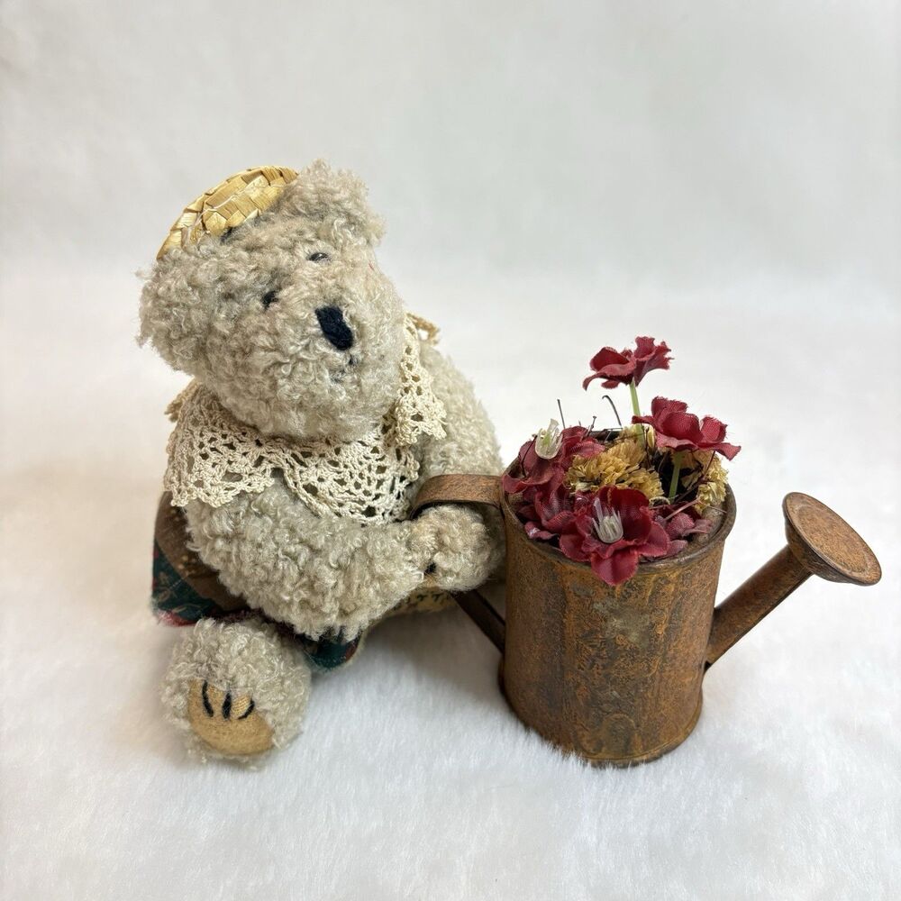 Adorable Vintage Hand Made Small Batch Teddy Bear With Watering Can And Flowers